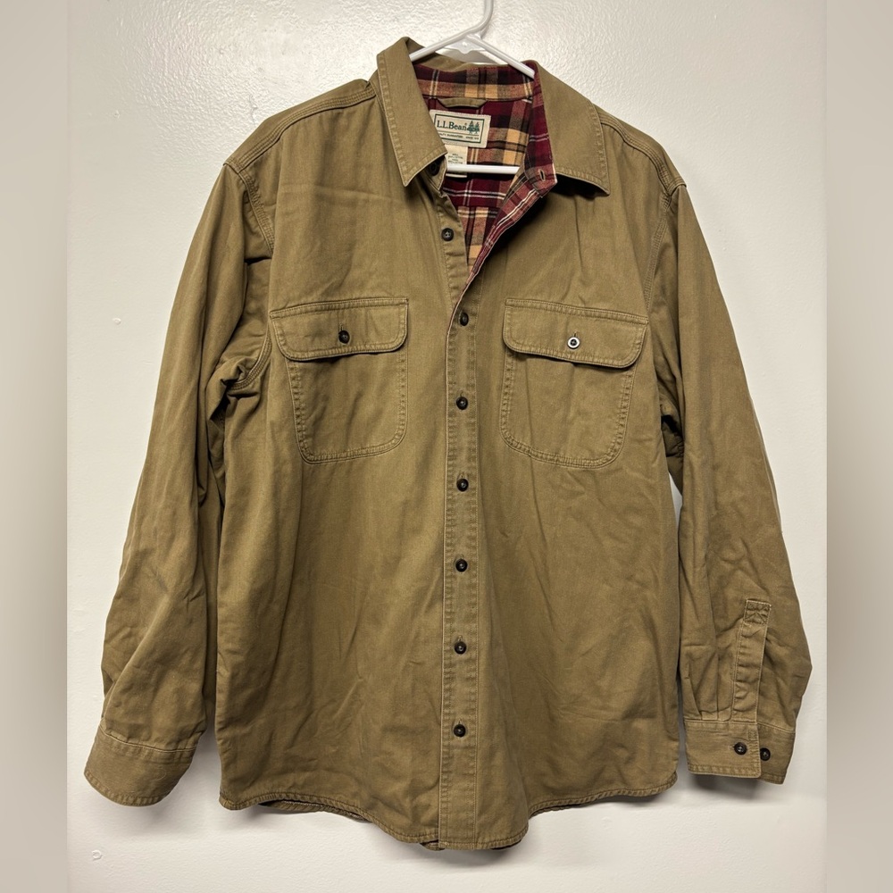 Vintage L.L. Bean Button-up Flannel Lined Tan Red Shacket Size Large